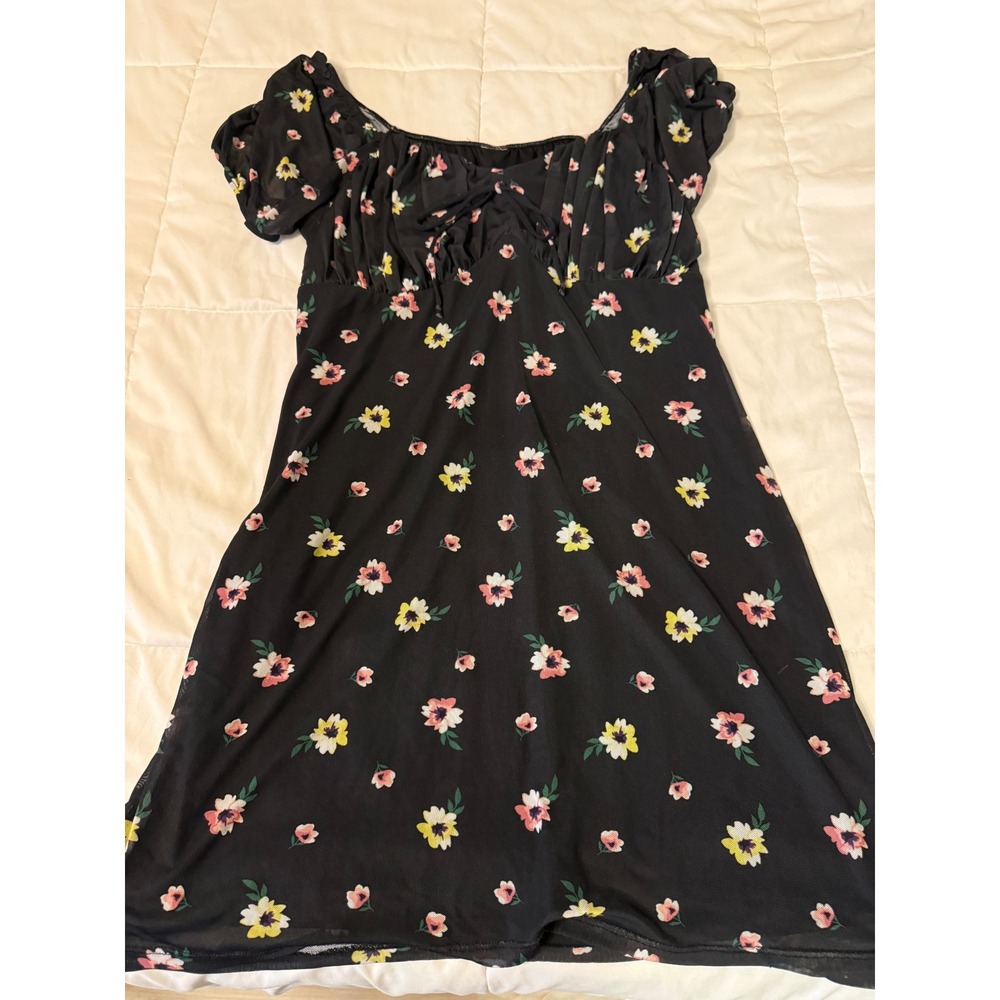 Black Floral Mesh Mini Dress Short Sleeve Sweetheart Neck 3XL